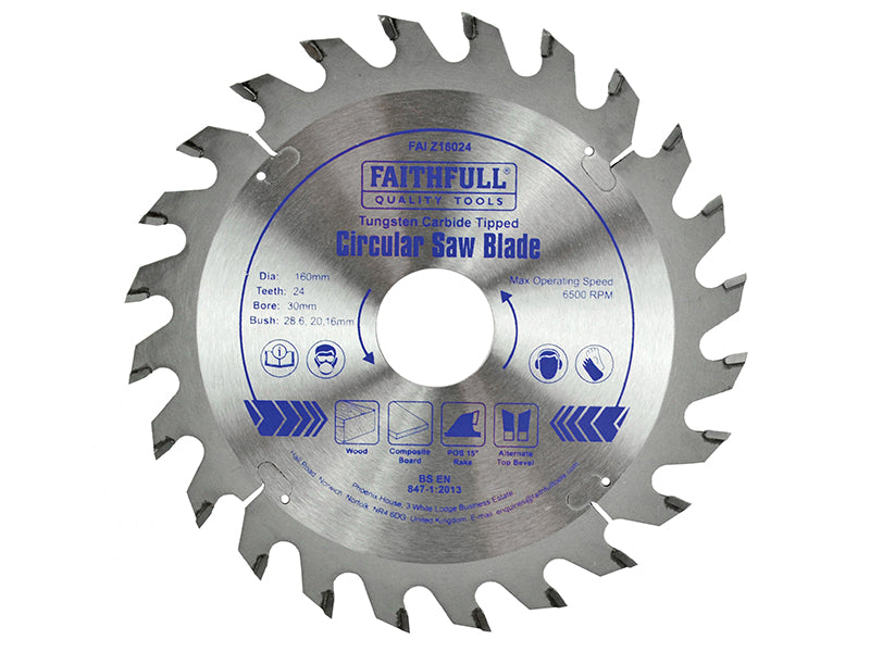 TCT Circular Saw Blade 160 x 30mm x 24T POS, Faithfull