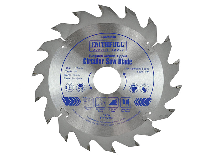 TCT Circular Saw Blade 165 x 30mm x 18T POS, Faithfull