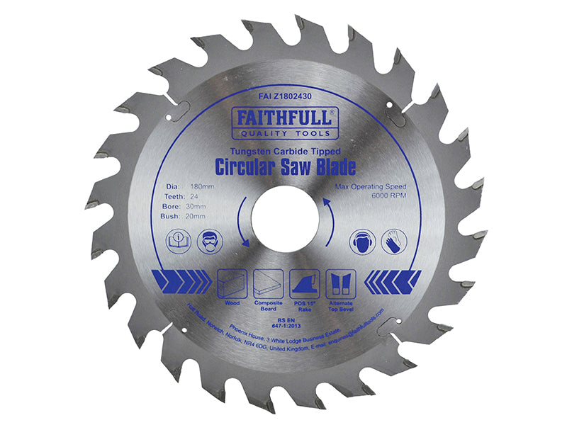 TCT Circular Saw Blade 180 x 30mm x 24T POS, Faithfull