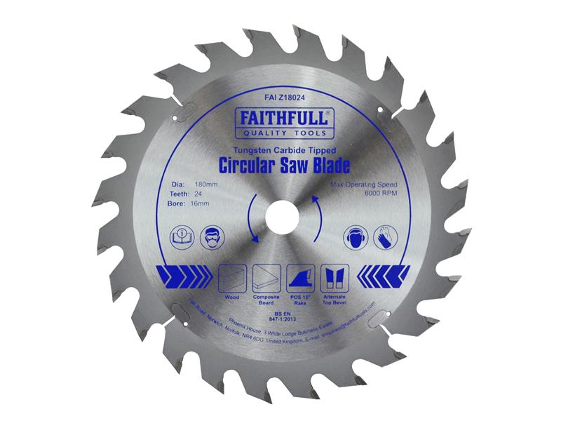 TCT Circular Saw Blade 180 x 16mm x 24T POS, Faithfull