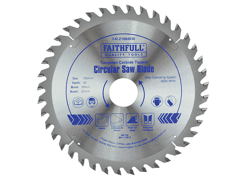 TCT Circular Saw Blade 180 x 30mm x 40T POS, Faithfull