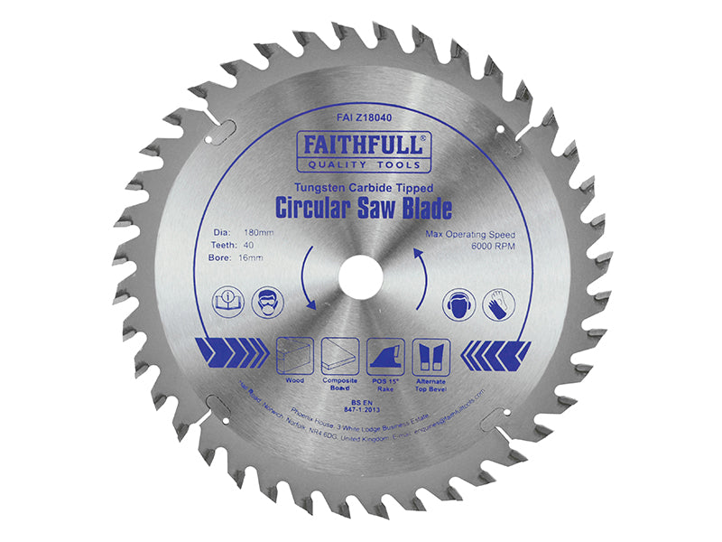 TCT Circular Saw Blade 180 x 16mm x 40T POS, Faithfull