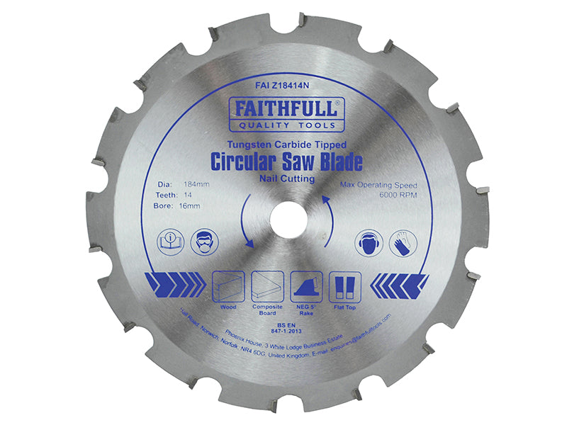TCT Circular Saw Blade Nail Cutting 184 x 16mm x 14T NEG, Faithfull