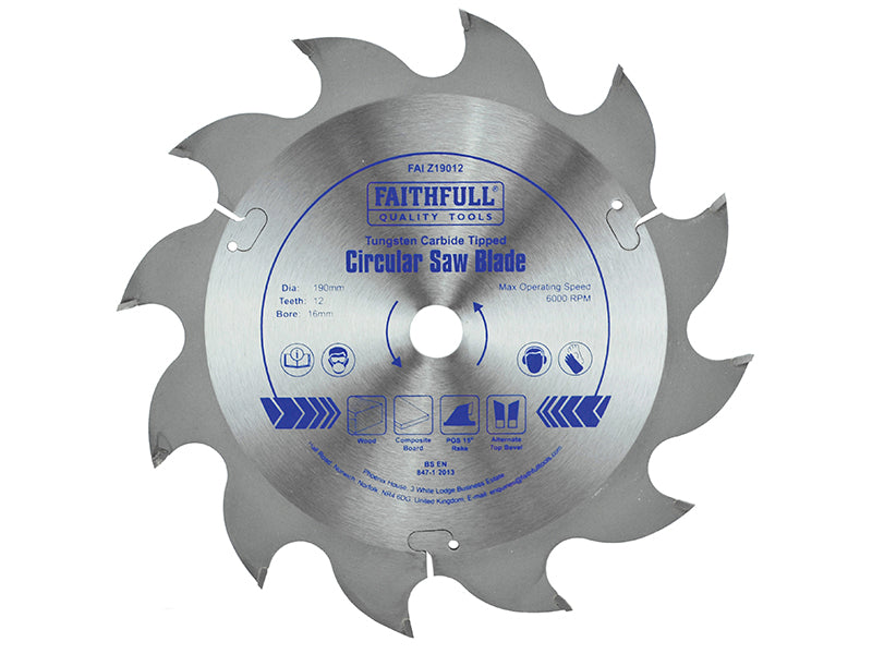 TCT Circular Saw Blade 190 x 16mm x 12T POS, Faithfull