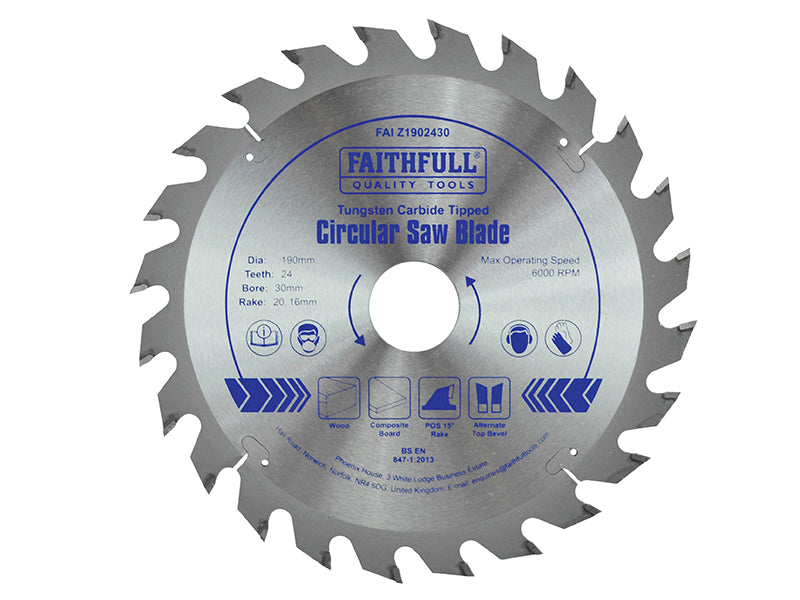 TCT Circular Saw Blade 190 x 30mm x 24T POS, Faithfull