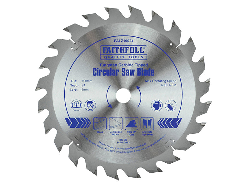 TCT Circular Saw Blade 190 x 16mm x 24T POS, Faithfull