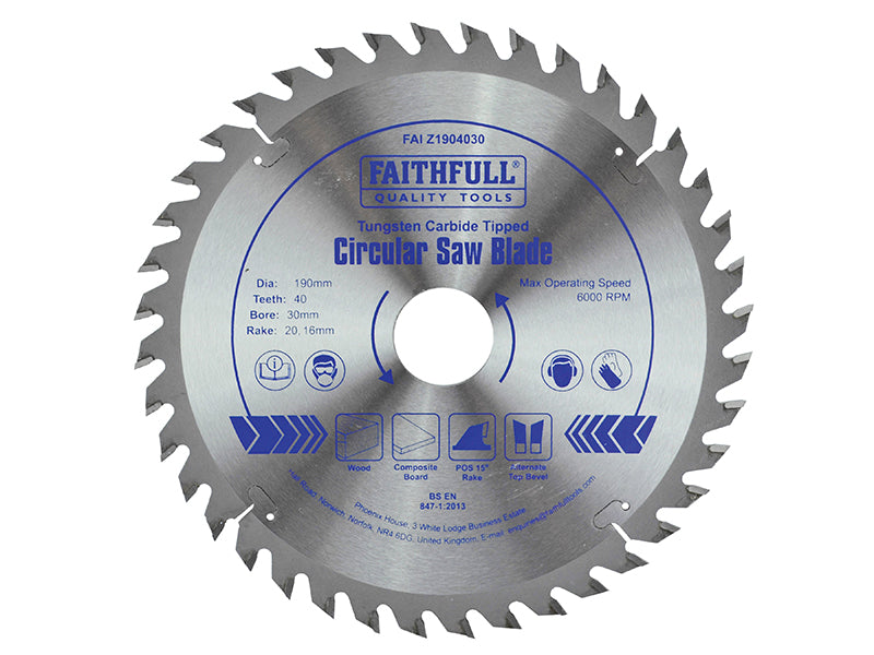 TCT Circular Saw Blade 190 x 30mm x 40T POS, Faithfull