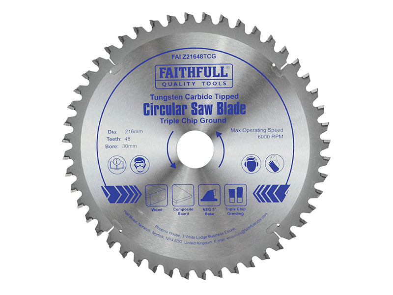 TCT Circular Saw Blade Triple Chip Ground 216 x 30mm x 48T NEG, Faithfull