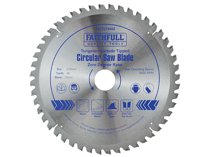 TCT Circular Saw Blade Zero Degree 216 x 30mm x 48T, Faithfull