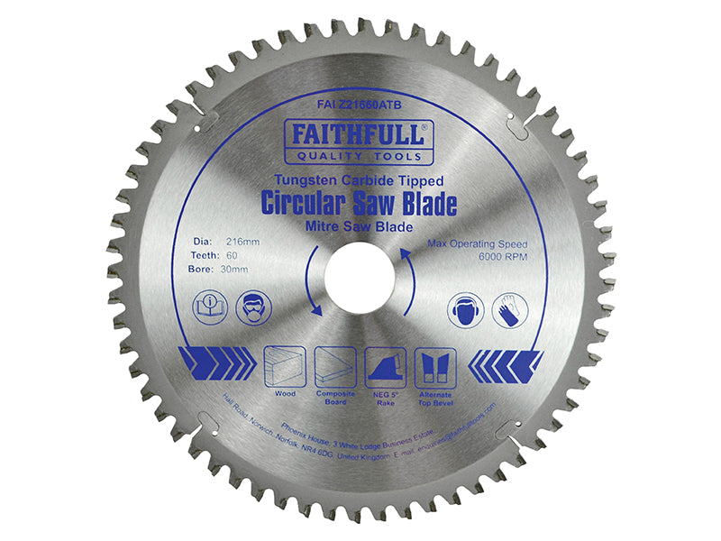 TCT Cross Cut Mitre Saw Blade 216 x 30mm x 60T NEG, Faithfull