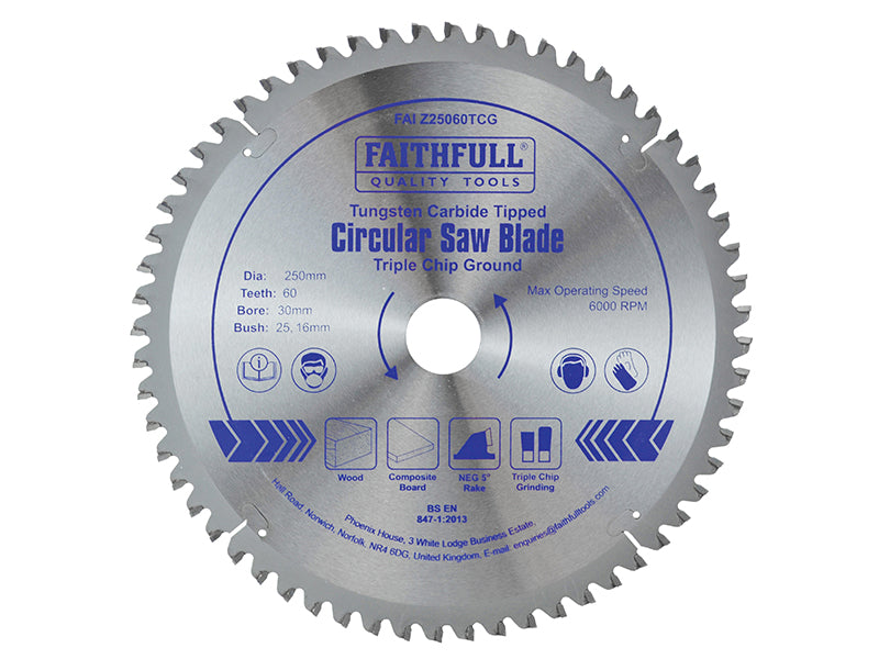 TCT Circular Saw Blade Triple Chip Ground 250 x 30mm x 60T NEG, Faithfull