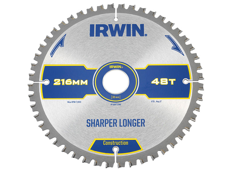 Construction Mitre Circular Saw Blade 216 x 30mm x 48T ATB/Neg, IRWIN®