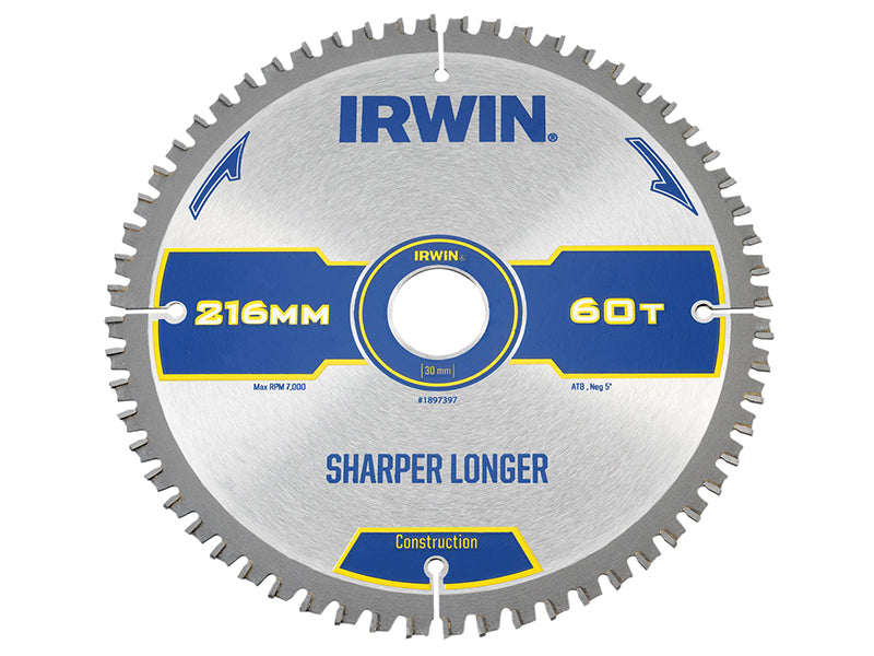 Construction Mitre Circular Saw Blade 216 x 30mm x 60T ATB/Neg, IRWIN®