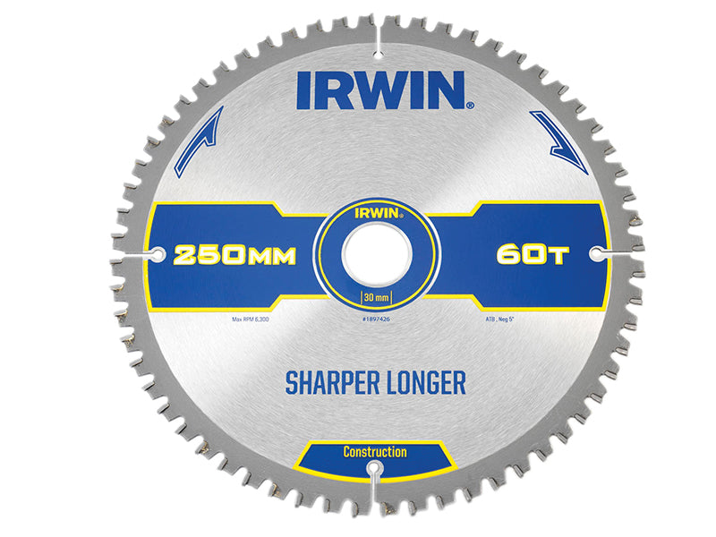 Construction Mitre Circular Saw Blade 250 x 30mm x 60T ATB/Neg, IRWIN®