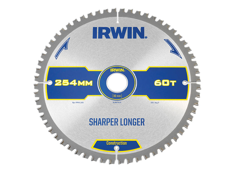 Construction Mitre Circular Saw Blade 254 x 30mm x 60T ATB/Neg, IRWIN®