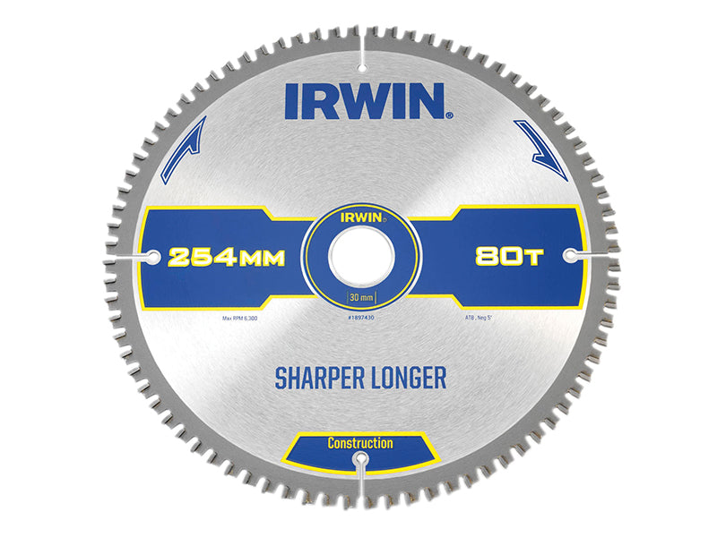 Construction Mitre Circular Saw Blade 254 x 30mm x 80T ATB/Neg, IRWIN®