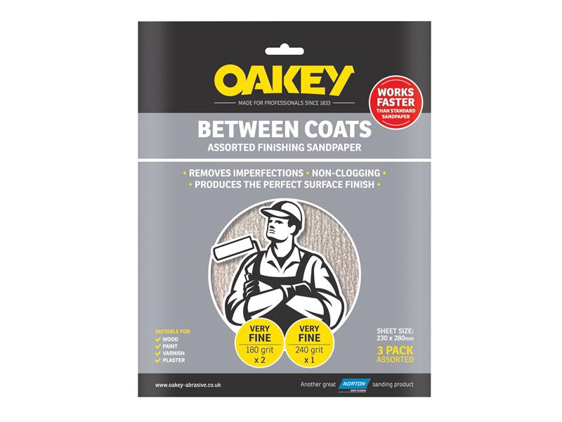 Between Coats Finishing Sandpaper 230 x 280mm Assorted (3), Oakey