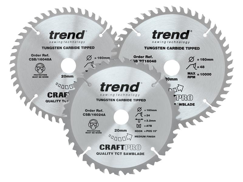CraftPro Plunge Saw Blade 160 x 20mm x 24T/48T (Pack 3), Trend