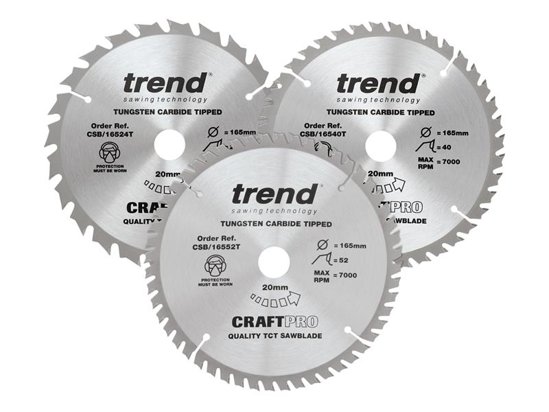 CraftPro Cordless Saw Blade 165 x 20mm x 24T/40T/52T (Pack 3), Trend