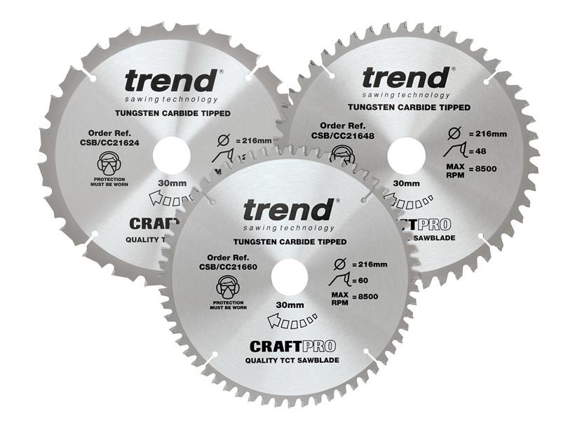 CraftPro Mitre Saw Blade 216 x 30mm x 24T/48T/60T (Pack 3), Trend