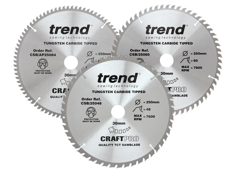 CraftPro Table Saw Blade 250 x 30mm x 48T/60T/84T (Pack 3), Trend