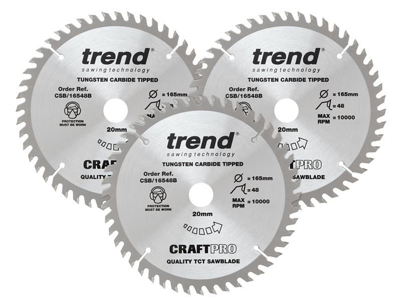 CraftPro Plunge Saw Blade 165 x 20mm x 48T (Pack 3), Trend