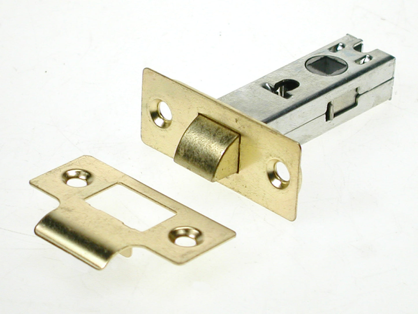 Tubular Bolt Thru Latch. Electro Brass. Nyl/Fol., Morgans OJ