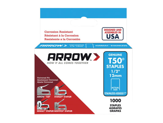 T50 Staples Stainless Steel 508SS 12mm (1/2in) (Box 1000)                       