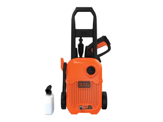 Black+Decker cordless high-pressure washer in bright orange and black, shown with a white spray bottle accessory on a plain white background.