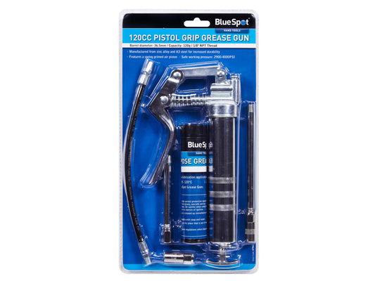 BlueSpot 120CC Pistol Grip Grease Gun in packaging on a white background
