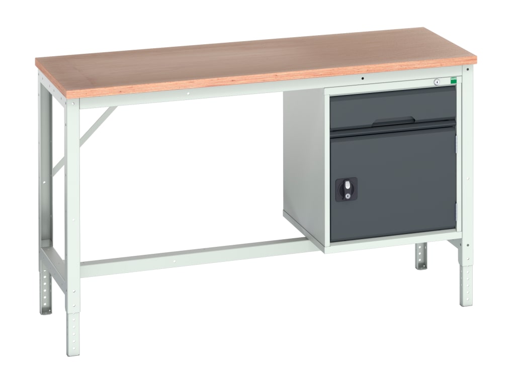 Verso Adjustable Bench with Cupboard + Drawer, mpx Top 1500 x 600mm             