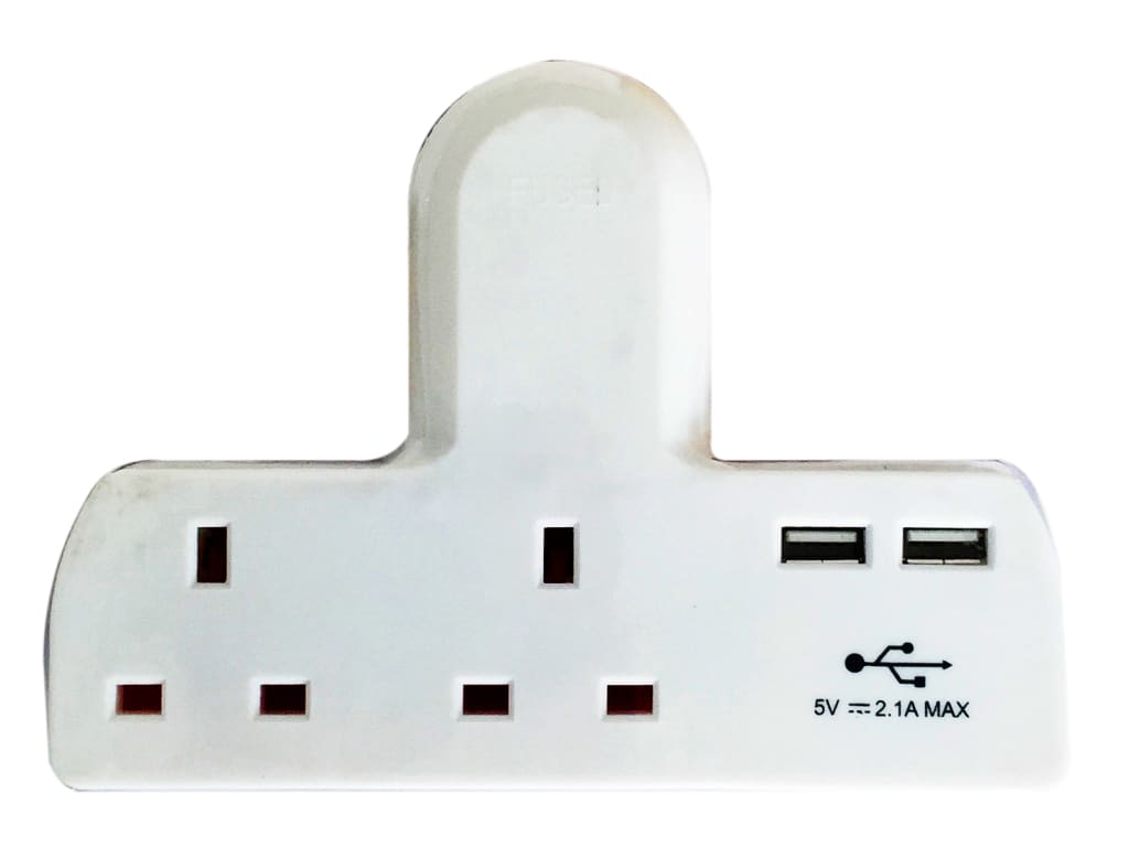T-shape Socket 2 Way Adaptor 13A Fused with USB                                 