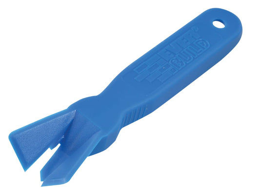 Blue plastic tool with a textured handle on a white background