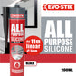 Evo-Stik all-purpose silicone sealant can with branding and product details on a white background