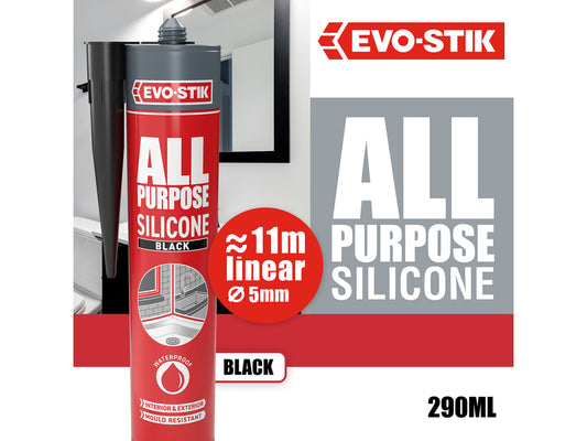 Evo-Stik all-purpose silicone sealant can with branding and product details on a white background