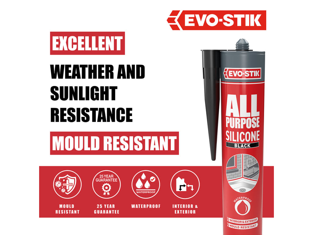 Evo-Stik all-purpose silicone sealant tube with product features on a white background