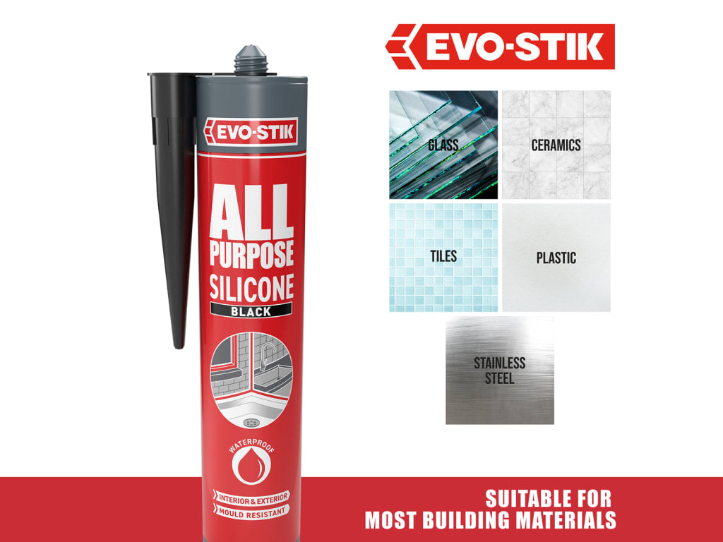 Evo-Stik all-purpose silicone sealant with material compatibility icons on a white background