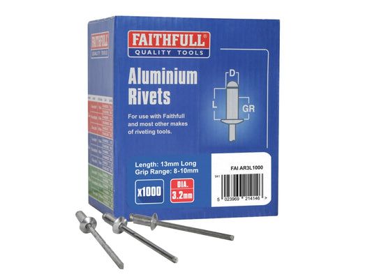 Aluminium Rivets 3.2 x 13mm Long Bulk Pack of 1000                              