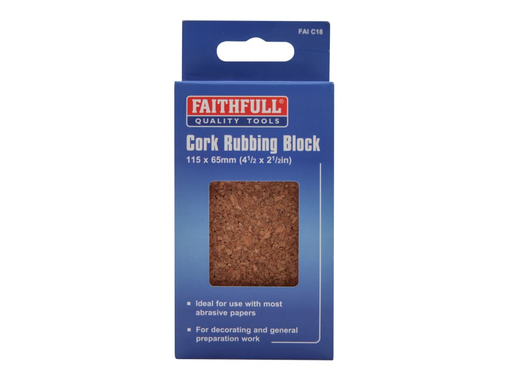Packaged cork rubbing block with Faithfull Tools branding on a white background