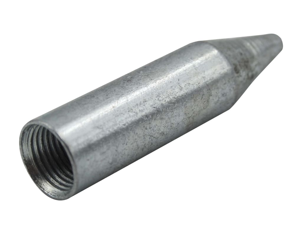 Metal cone-shaped object with threaded end on a white background