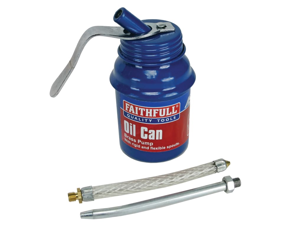 Blue oil can with pump and flexible spout on a white background, featuring the Faithfull brand.