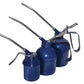 Four blue oil cans with metal nozzles on a white background