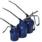 Three blue oil cans with metal nozzles on a white background