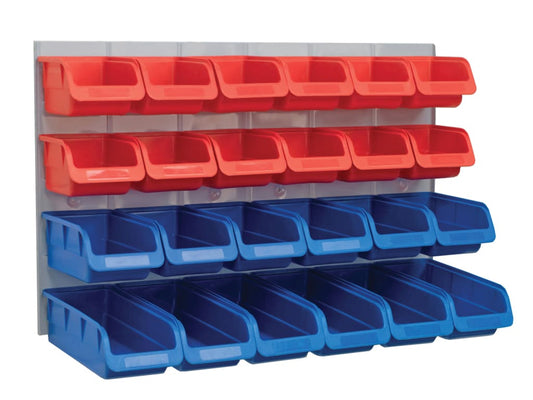 24 Plastic Storage Bins with Metal Wall Panel                                   