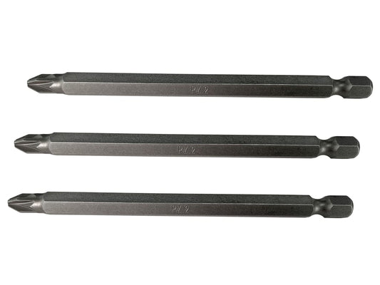 Pozidriv S2 Power Screwdriver Bits PZ2 x 100mm (Pack 3)                         