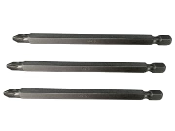 Pozidriv S2 Power Screwdriver Bits PZ2 x 100mm (Pack 3)                         