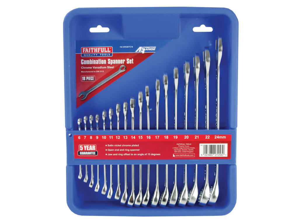 Chrome Vanadium Combination Spanner Set, 18 Piece                               