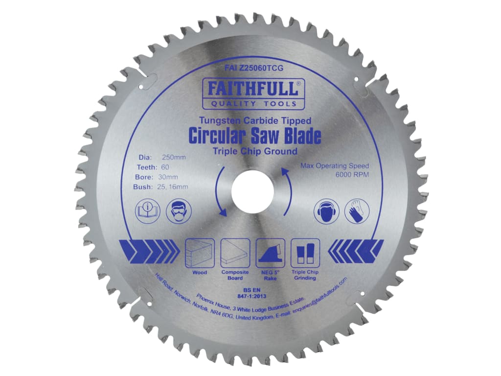 TCT Circular Saw Blade Triple Chip Ground 250 x 30mm x 60T NEG                  