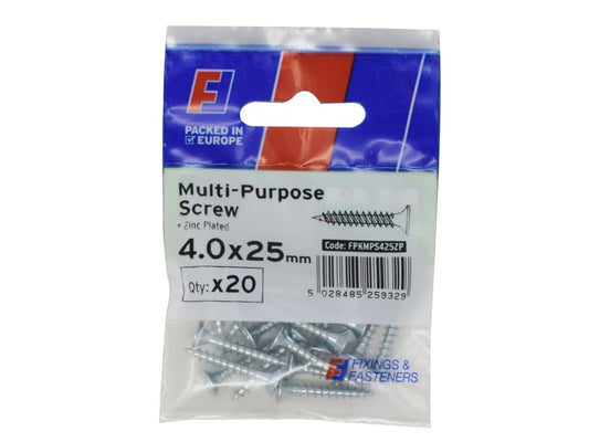 Multi-Purpose Pozi Screw CSK ST ZP 4.0 x 25mm ForgePack 20                      