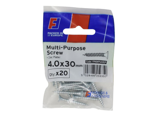 Multi-Purpose Pozi Screw CSK ST ZP 4.0 x 30mm ForgePack 20                      